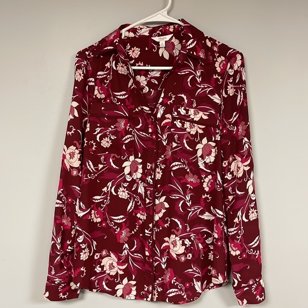 Candie’s Floral Button Down Long Sleeve Blouse Medium Maroon Pink Shirt, EUC!